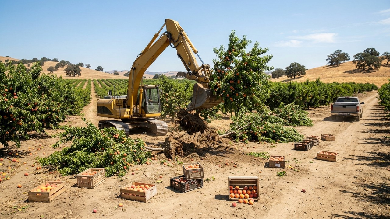 O fechamento da fábrica da Del Monte em Modesto causou prejuízos devastadores para os agricultores locais. – Imagem gerada por IA