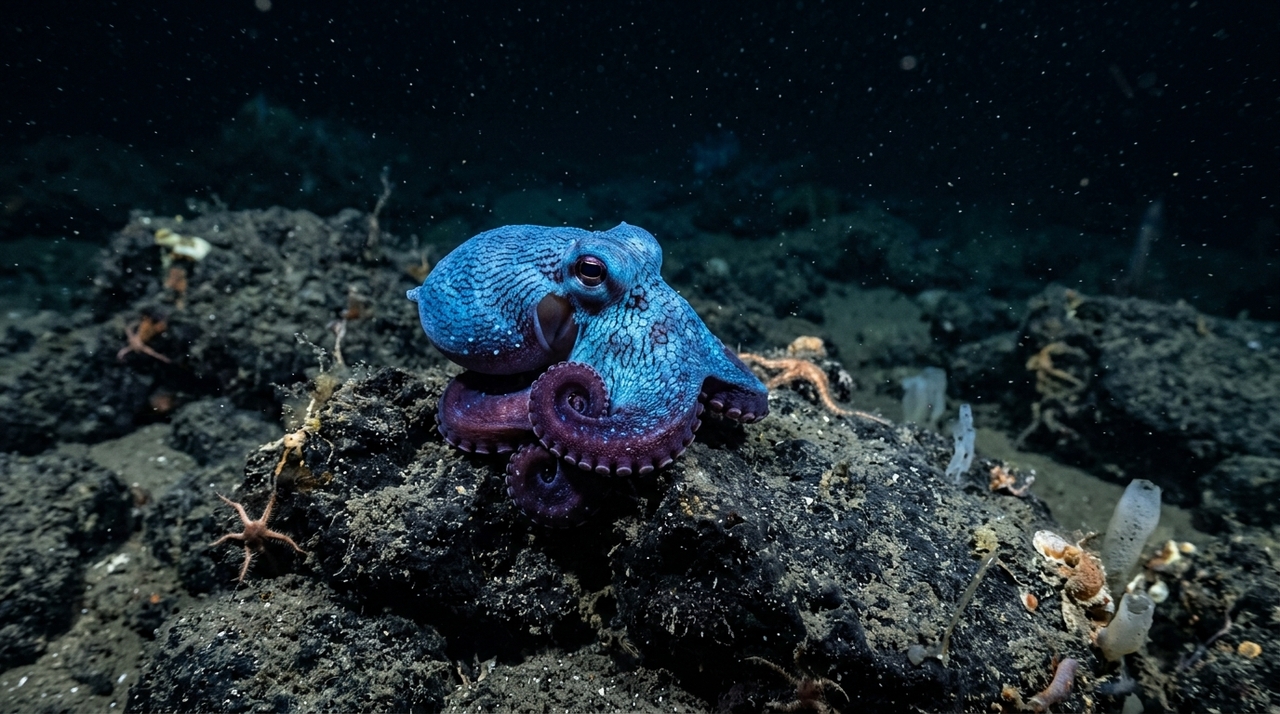 O animal identificado pelos pesquisadores é um pequeno polvo que recebeu o nome científico de Microeledone galapagensis