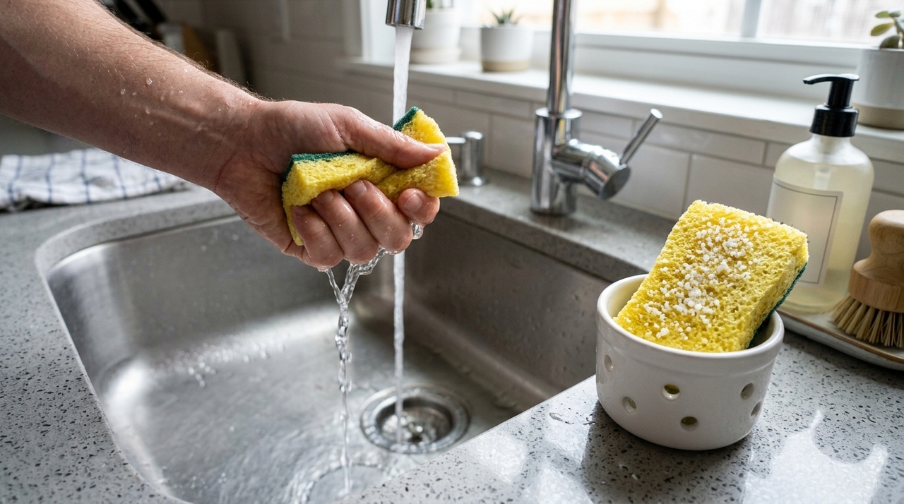 Depois de lavar a louça, enxágue bem a esponja para remover espuma, gordura e restos de alimento.