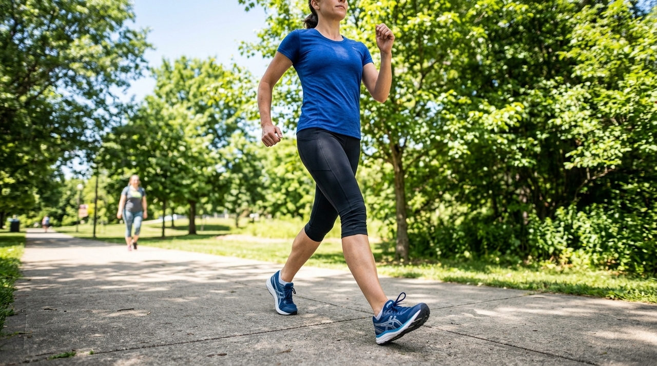 O ideal é caminhar em ritmo firme, com postura ereta, passadas confortáveis e calçado adequado