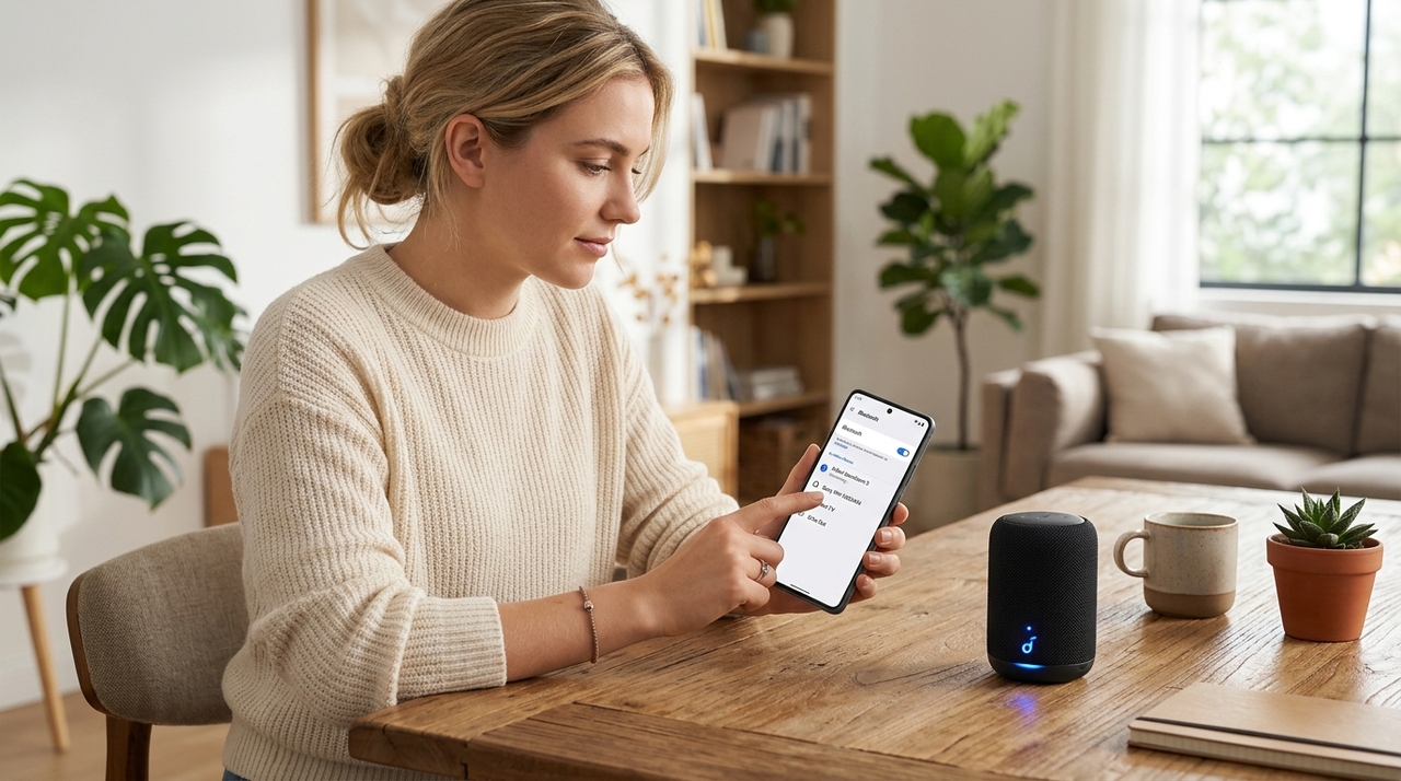No Android, abra as configurações, entre em Bluetooth, toque em “Parear novo dispositivo” e selecione o nome da caixa quando ela aparecer na lista.