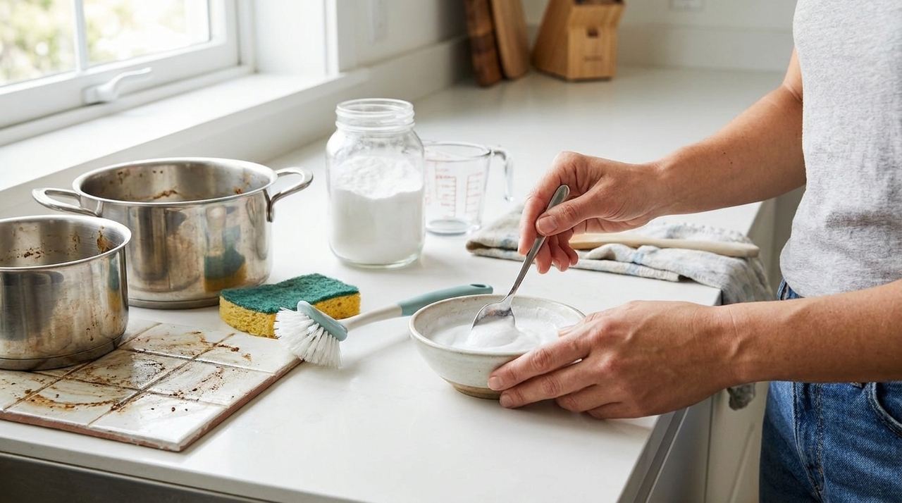 Para panelas, faça uma pasta com bicarbonato e pouca água, espalhe sobre a sujeira e deixe agir por alguns minutos antes de esfregar