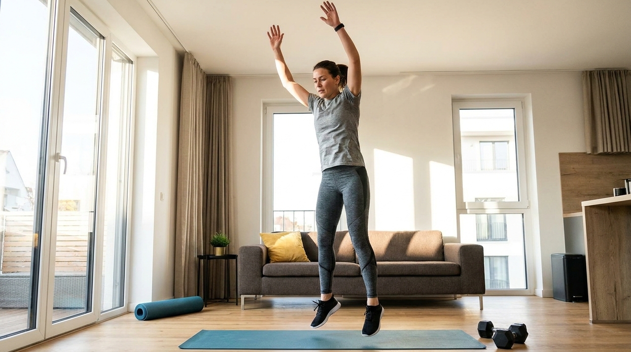 O burpee é um exercício funcional que reúne agachamento, apoio no solo, flexão e salto em um único movimento