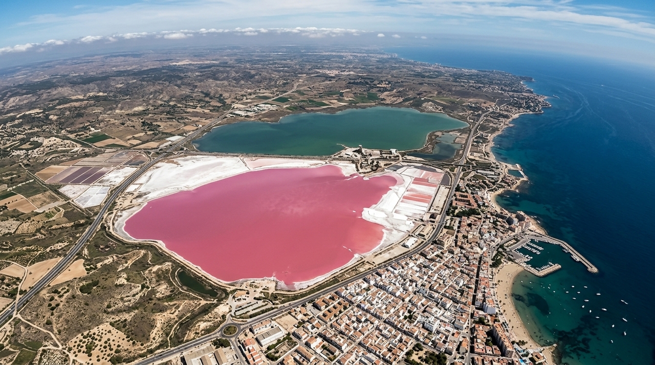 O tom vibrante da água em Torrevieja decorre de uma harmonia ecológica silenciosa.