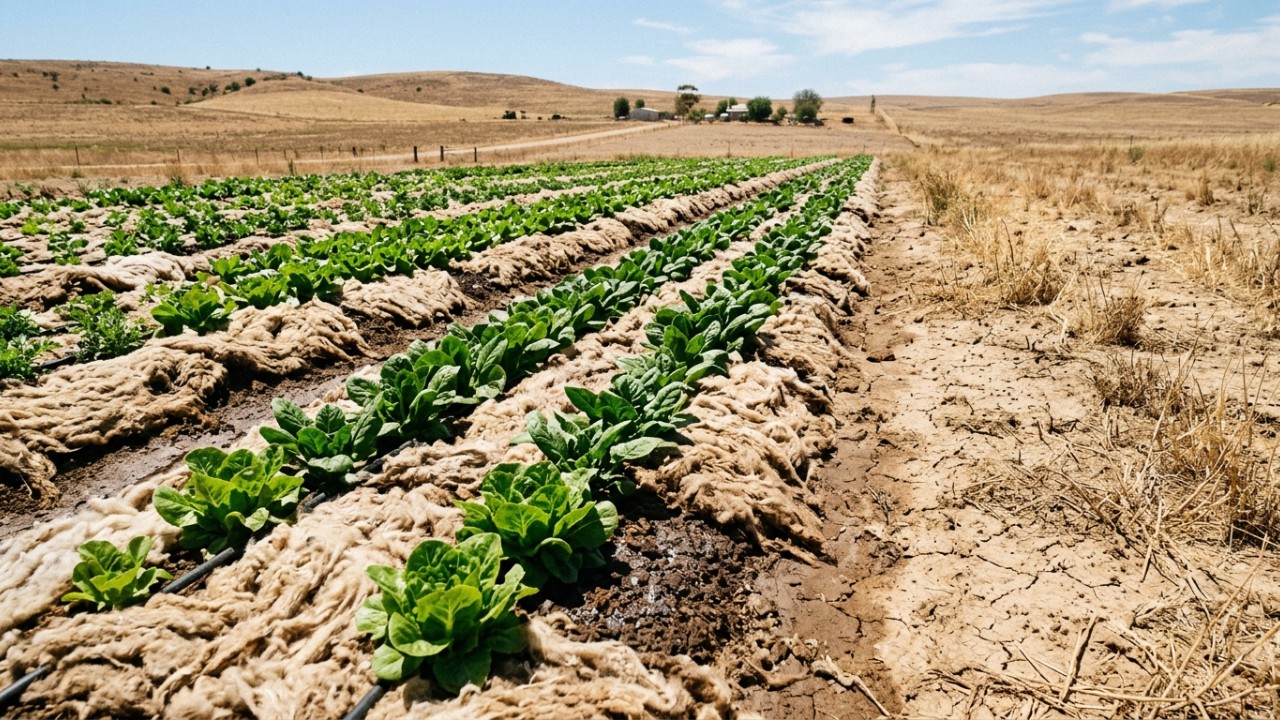 A aplicação de resíduos de lã no solo promove a economia de água e aumenta a produtividade agrícola. – Imagem gerada por IA