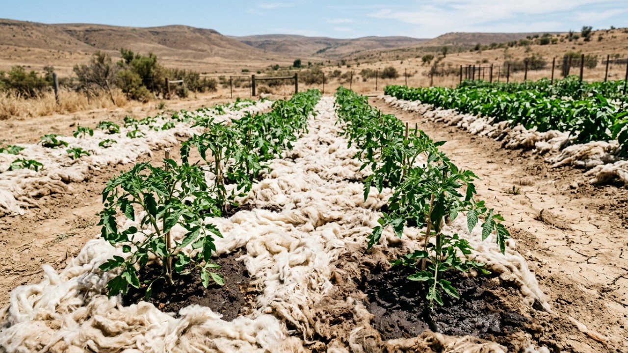 O uso de lã como cobertura de solo retém a umidade e protege as raízes contra o calor excessivo. – Imagem gerada por IA