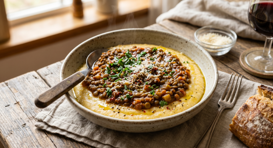 Aprenda a fazer polenta cremosa com ragu de lentilhas