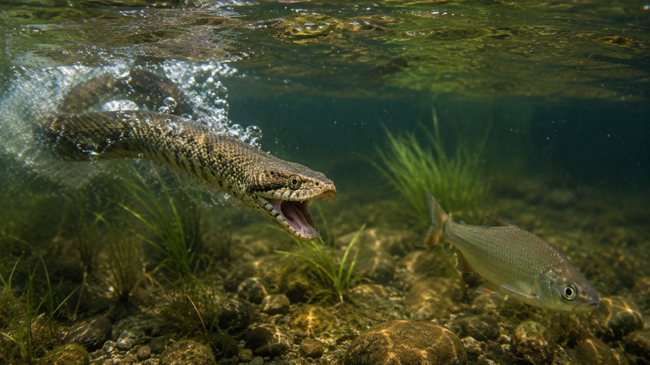 Esta serpente captura peixes induzindo seu reflexo de fuga para atacar exatamente onde eles vão escapar.