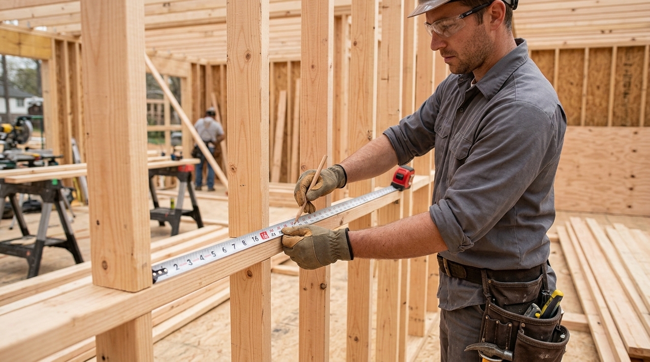 A marca de 16 polegadas aparece em vermelho porque muitos sistemas construtivos usam esse espaçamento entre montantes verticais.