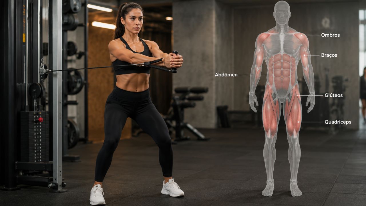 Este exercício recruta múltiplos músculos ao mesmo tempo, melhorando a eficiência e o controle corporal.