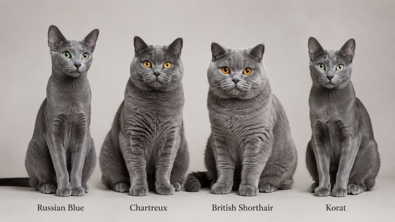 Raças de gatos cinzas, como Russian Blue e Chartreux, variam em comportamento e são muito companheiras.