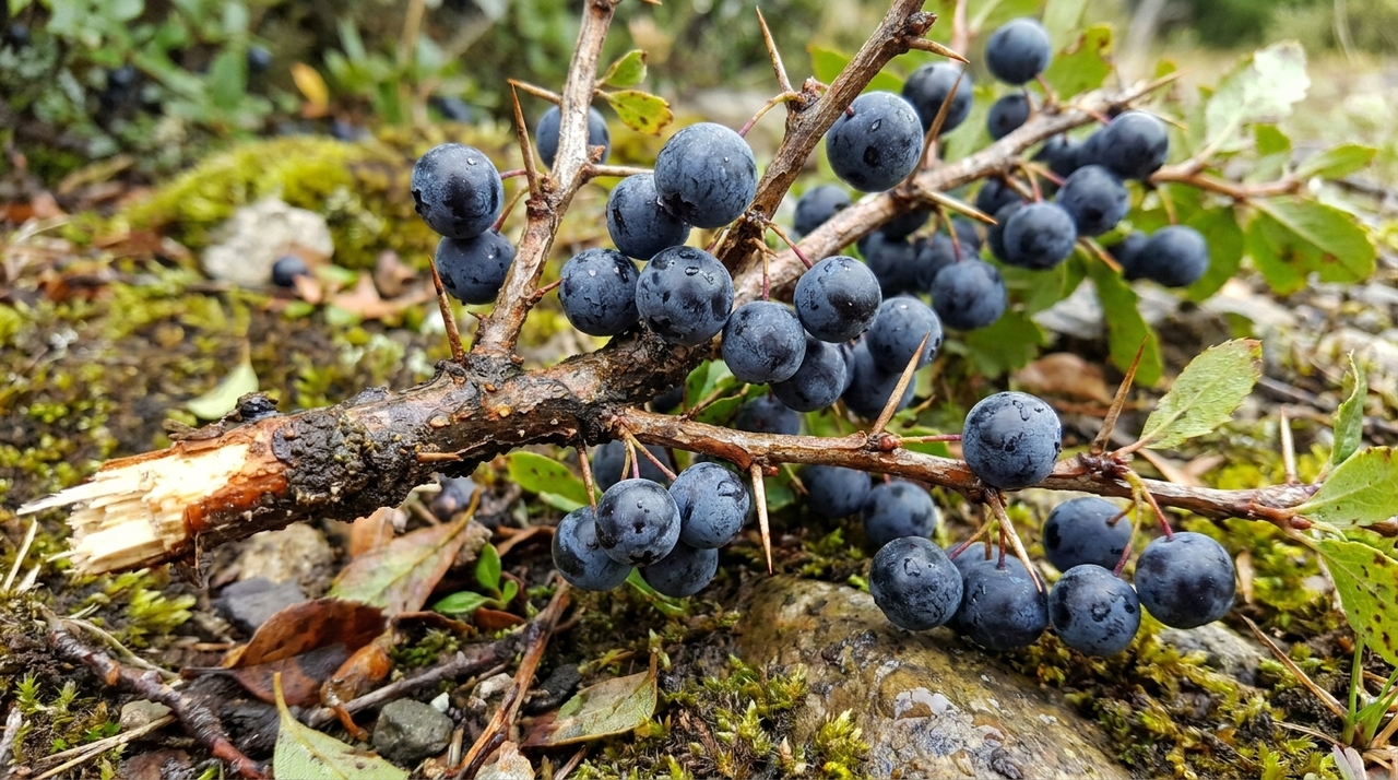 Essa pequena baga escura cresce em arbustos espinhosos conhecidos cientificamente como Berberis microphylla, resistindo aos climas mais severos e ventos fortes
