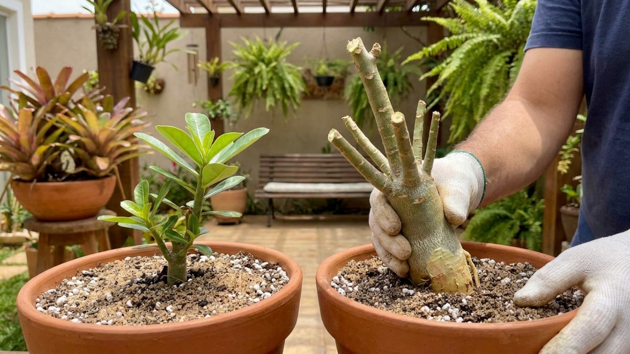 Aproveitar os galhos saudáveis da poda anual da rosa do deserto permite criar novas mudas fortes e evitar o desperdício de resíduos verdes no jardim. – Imagem gerada por IA