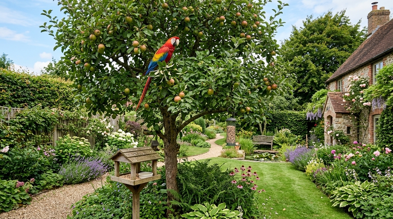A presença de aves no entorno da casa mostra que o jardim tem elementos capazes de sustentar vida.