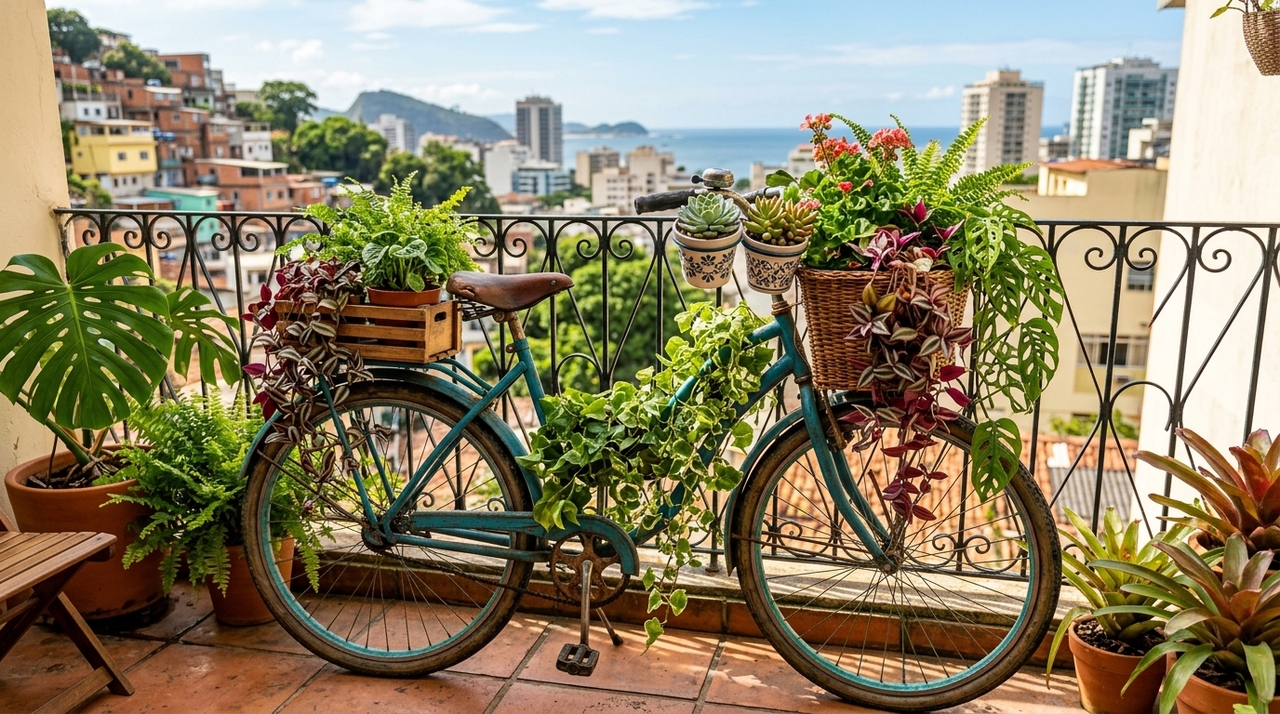 O uso mais simples é transformar a bicicleta em suporte para vasos no jardim, varanda ou terraço.
