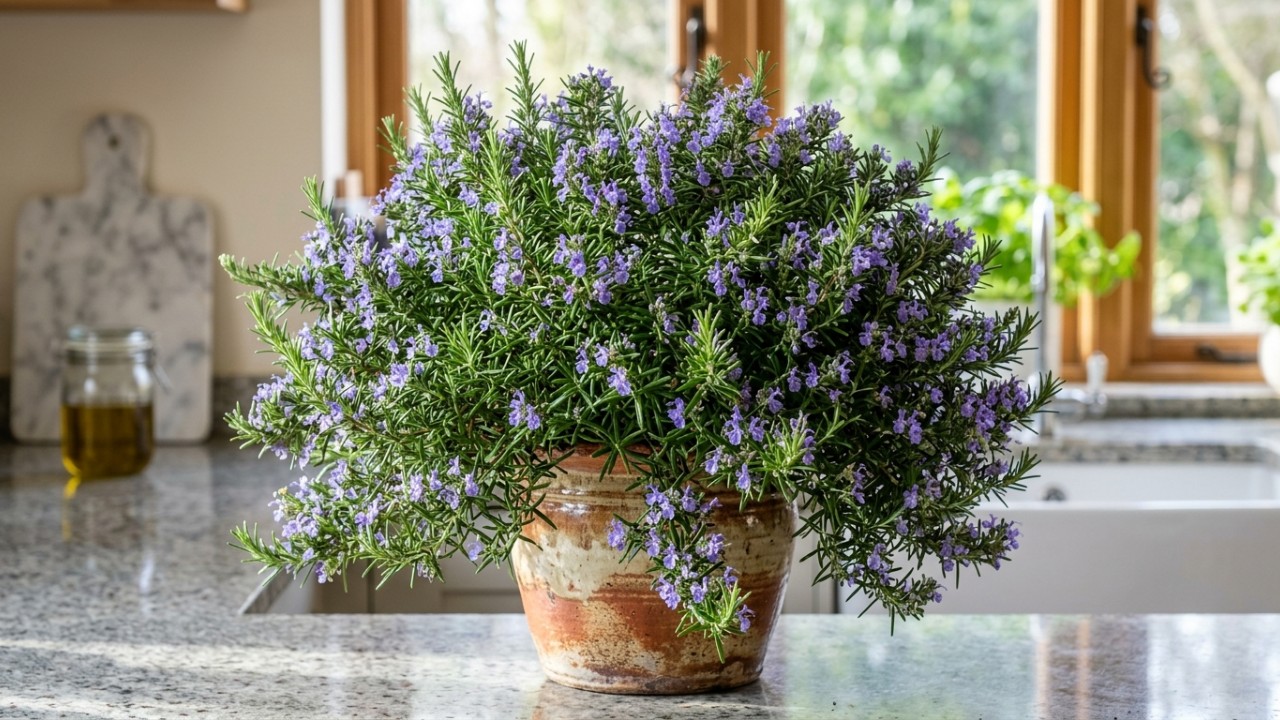Cultivar alecrim em casa exige sol direto, solo poroso e um vaso que ofereça bastante espaço para o desenvolvimento das raízes. – Imagem gerada por IA