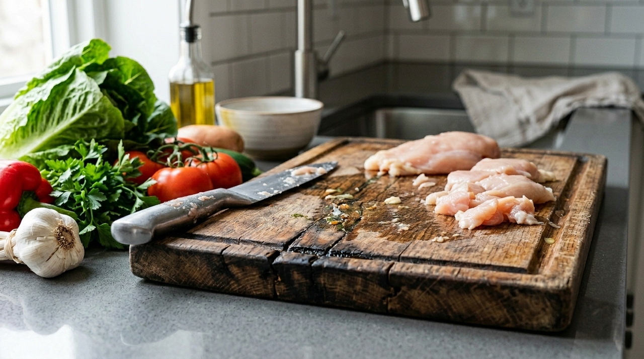 Os resíduos alimentares frequentemente ficam impregnados nas superfícies porosas da madeira, gerando um ambiente perfeito para micro-organismos prejudiciais