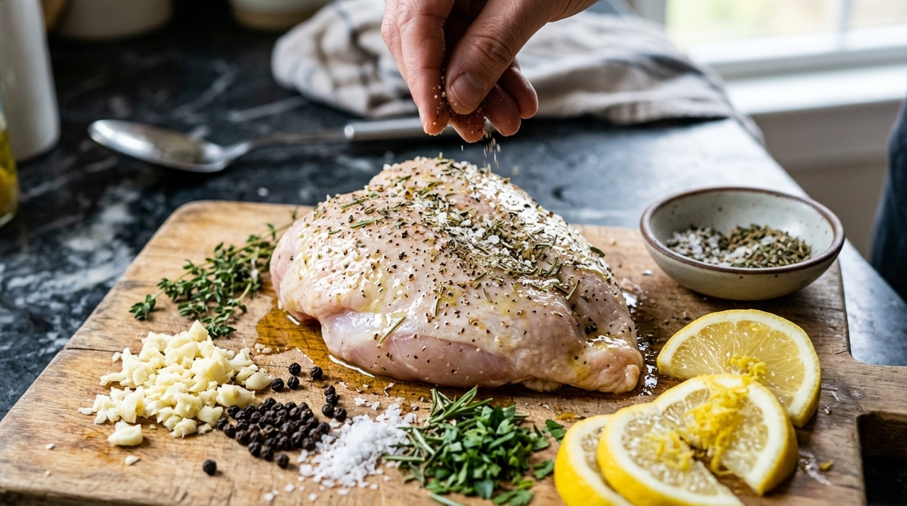 O primeiro passo é limpar o frango, retirar excesso de gordura e secar bem a superfície.