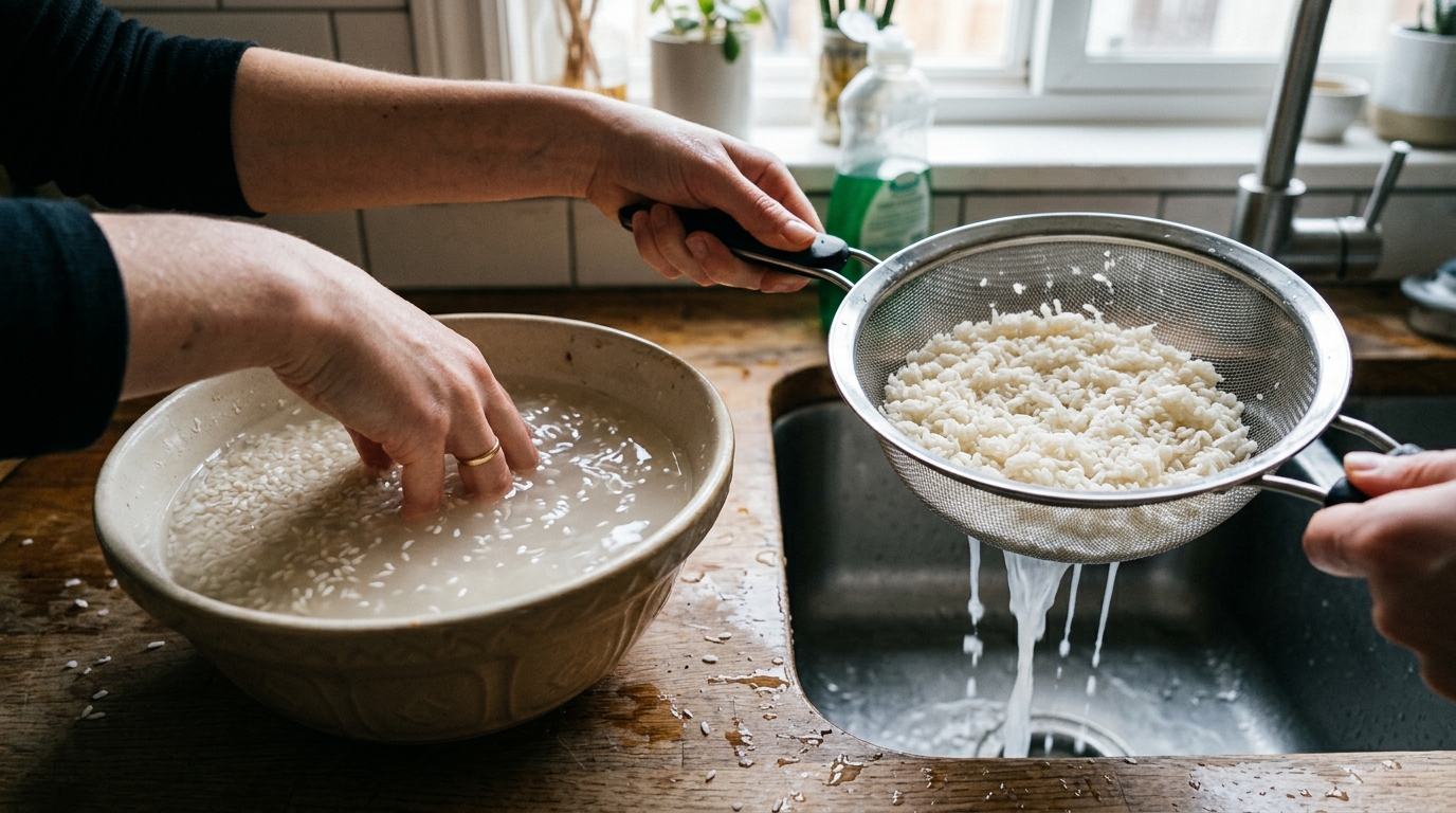Arroz lavado cozinha melhor e fica menos empapado