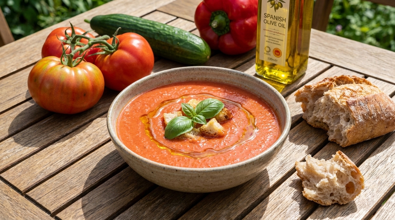 O preparo começa com tomates maduros, pepino descascado, pimentão, alho, azeite, vinagre e sal.