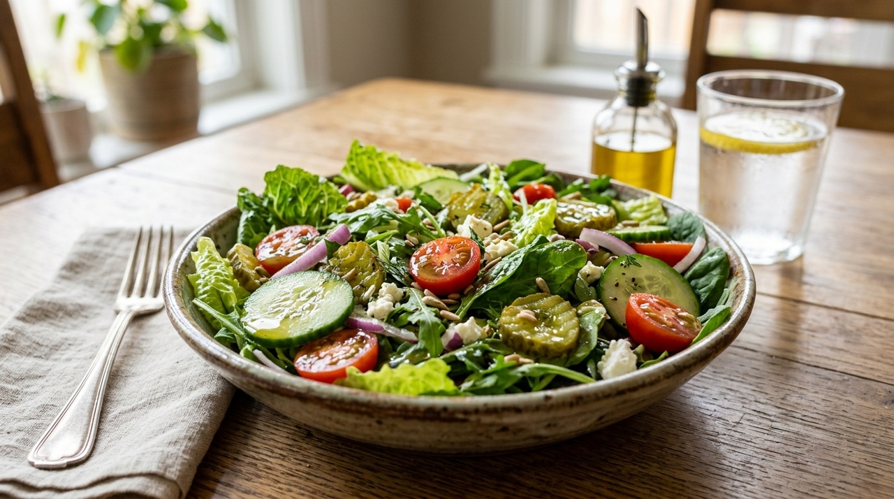 Para fazer o molho para saladas, coloque vinagre, um pouco do líquido dos picles, mostarda e pimenta em uma tigela.