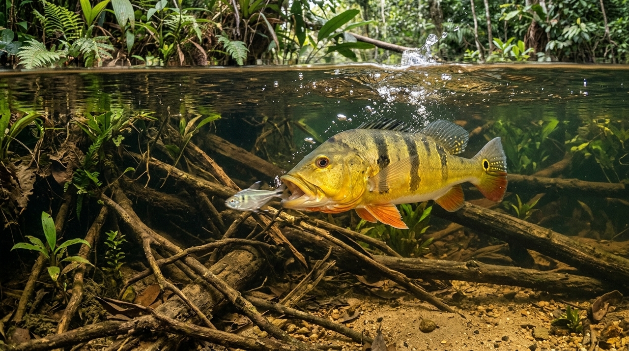 A coloração do tucunaré varia conforme espécie, ambiente, idade e época reprodutiva.