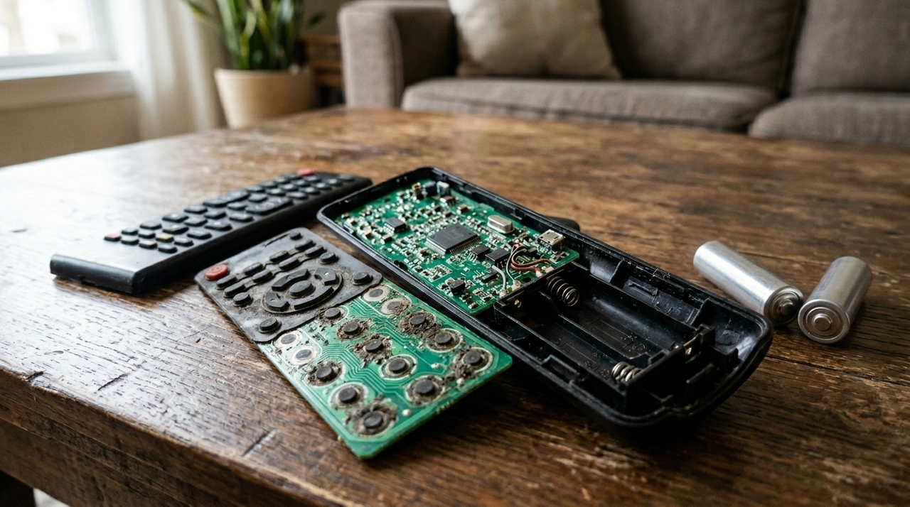 O controle remoto funciona por meio de uma placa eletrônica e de botões de borracha que pressionam contatos metálicos.