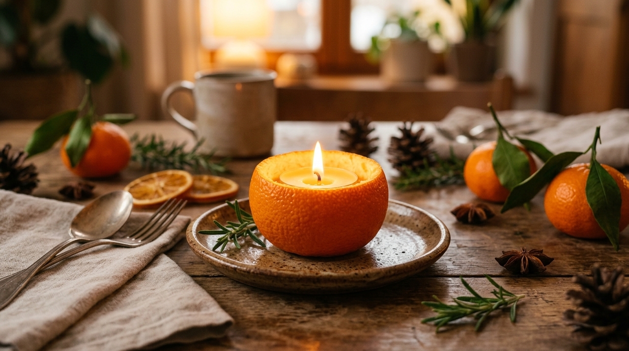 As velas em cascas de tangerina ficam charmosas em mesas de jantar, aparadores e cantinhos de descanso.