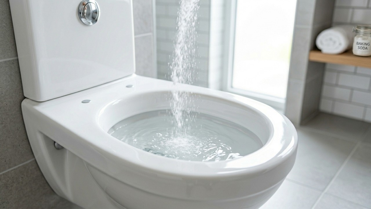 O uso isolado do bicarbonato limpa a estrutura do banheiro de modo seguro, barato e sem riscos à saúde. – Imagem gerada por IA