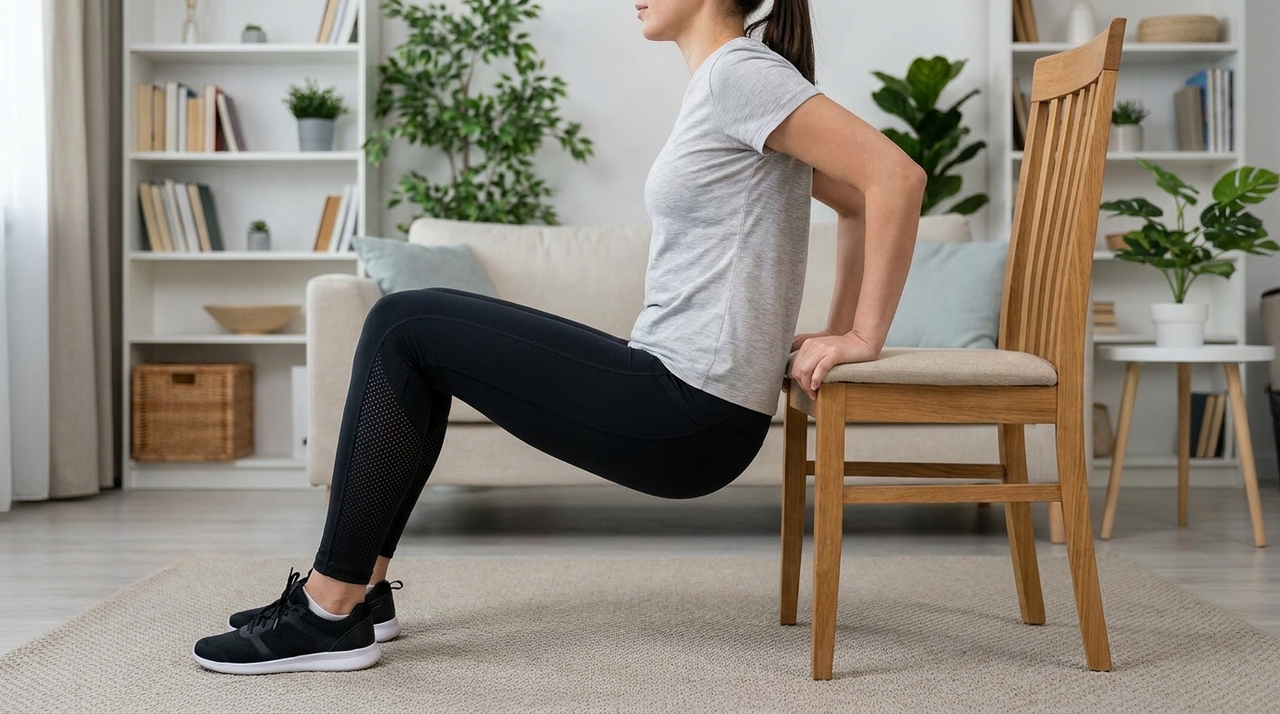 O primeiro exercício é a flexão adaptada, feita com os joelhos no chão ou com as mãos apoiadas em uma parede.