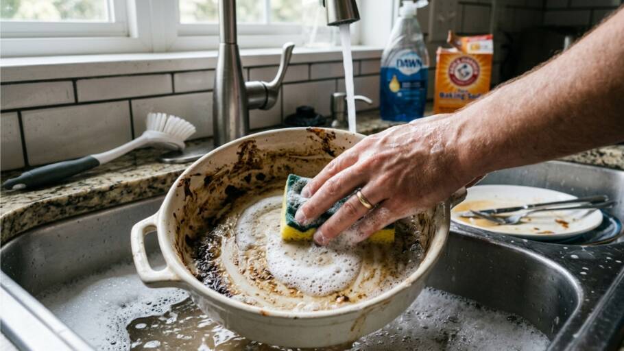 A combinação com esponja facilita a remoção de gordura na louça