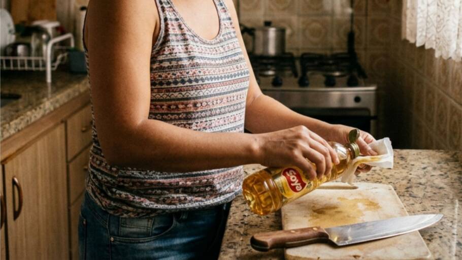 O óleo cria uma camada que reduz o atrito entre a faca e o alimento