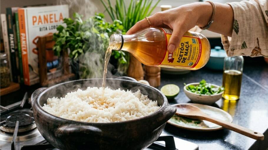 O vinagre ajuda a reduzir a liberação de amido durante o cozimento do arroz
