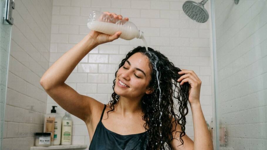 A água de arroz fermentada é usada no banho como tratamento capilar natural