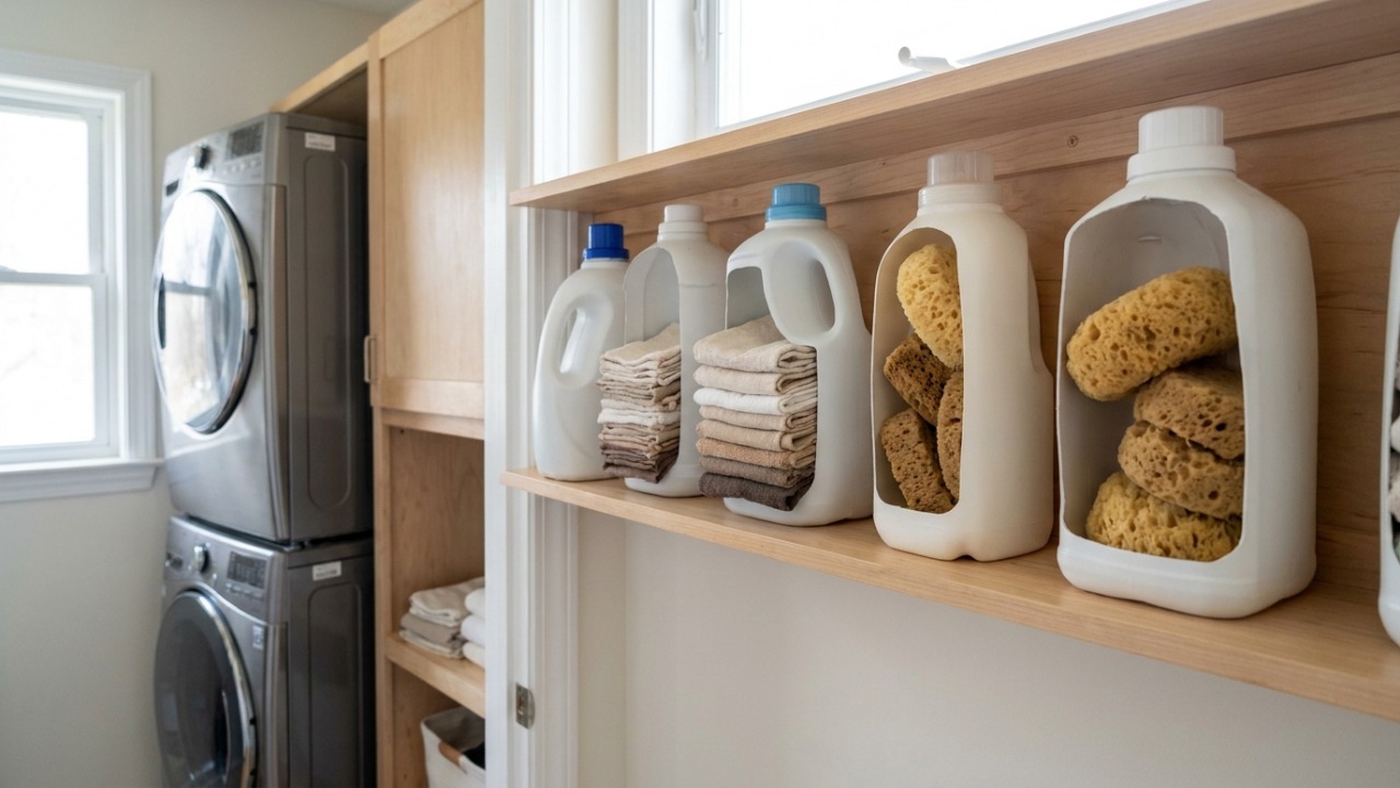 A reciclagem criativa de embalagens plásticas oferece uma solução econômica e sustentável para organizar a sua área de serviço.