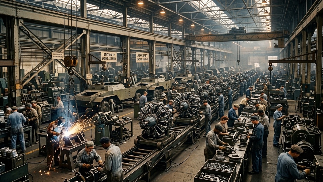 Fábricas automotivas adaptaram linhas de montagem para produzir tanques e motores.