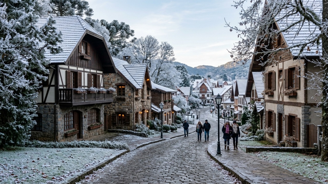 A arquitetura inspirada em vilarejos europeus transforma as ruas de Gramado em cenários encantadores.