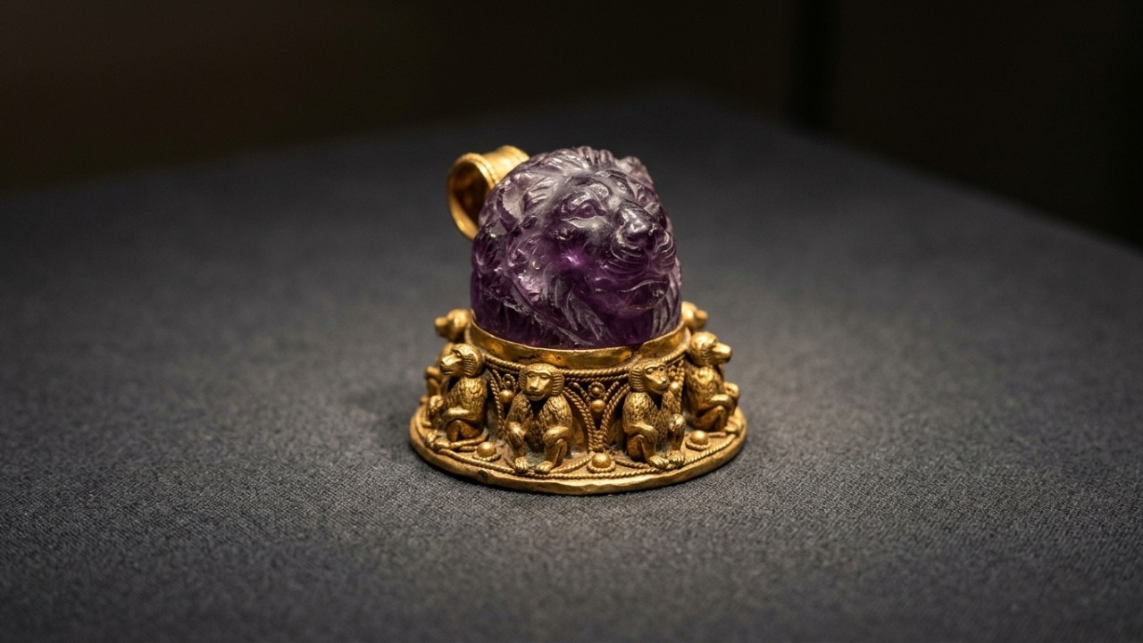 Escultura antiga de ametista recebeu moldura de ouro com símbolos sagrados.