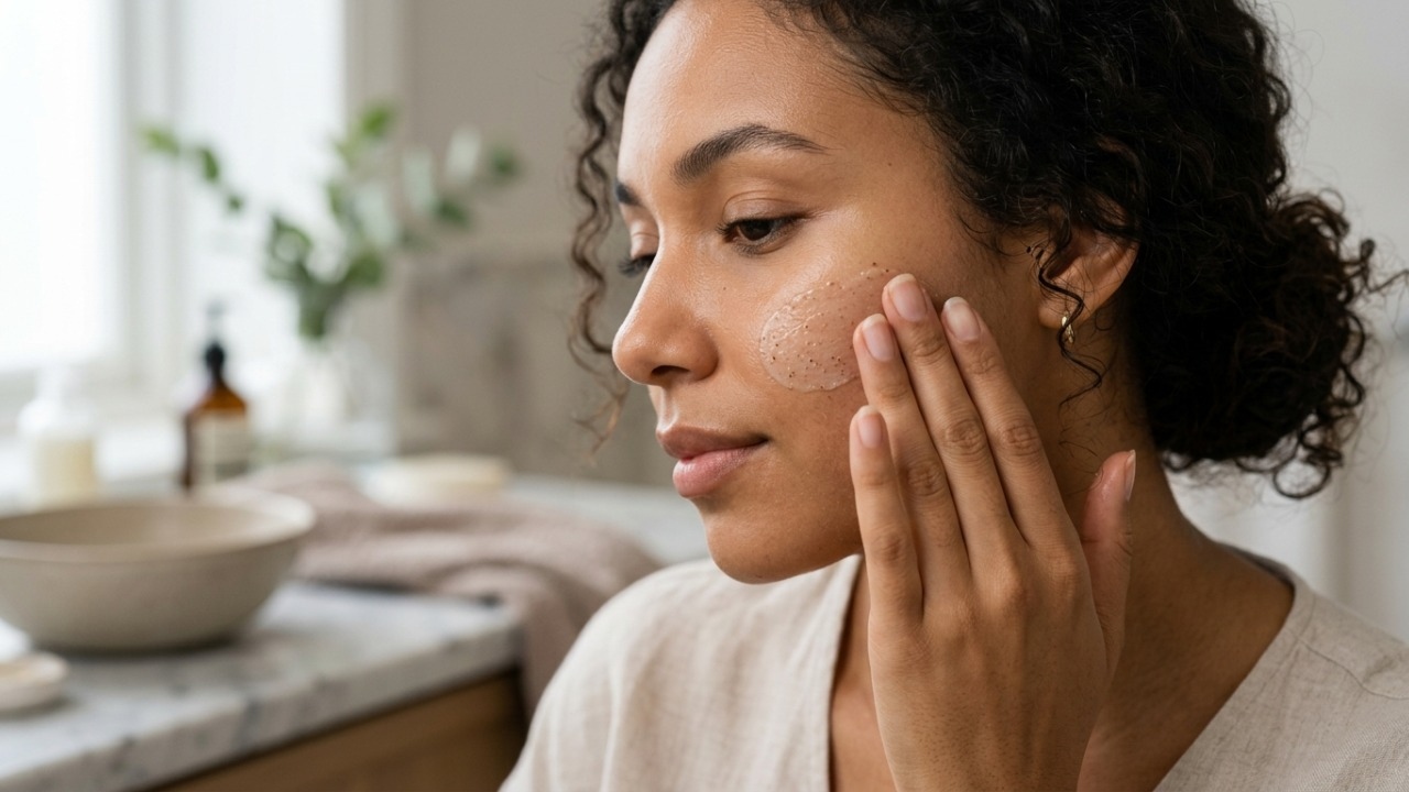 Práticas de esfoliação suave promovem a remoção de células mortas faciais.