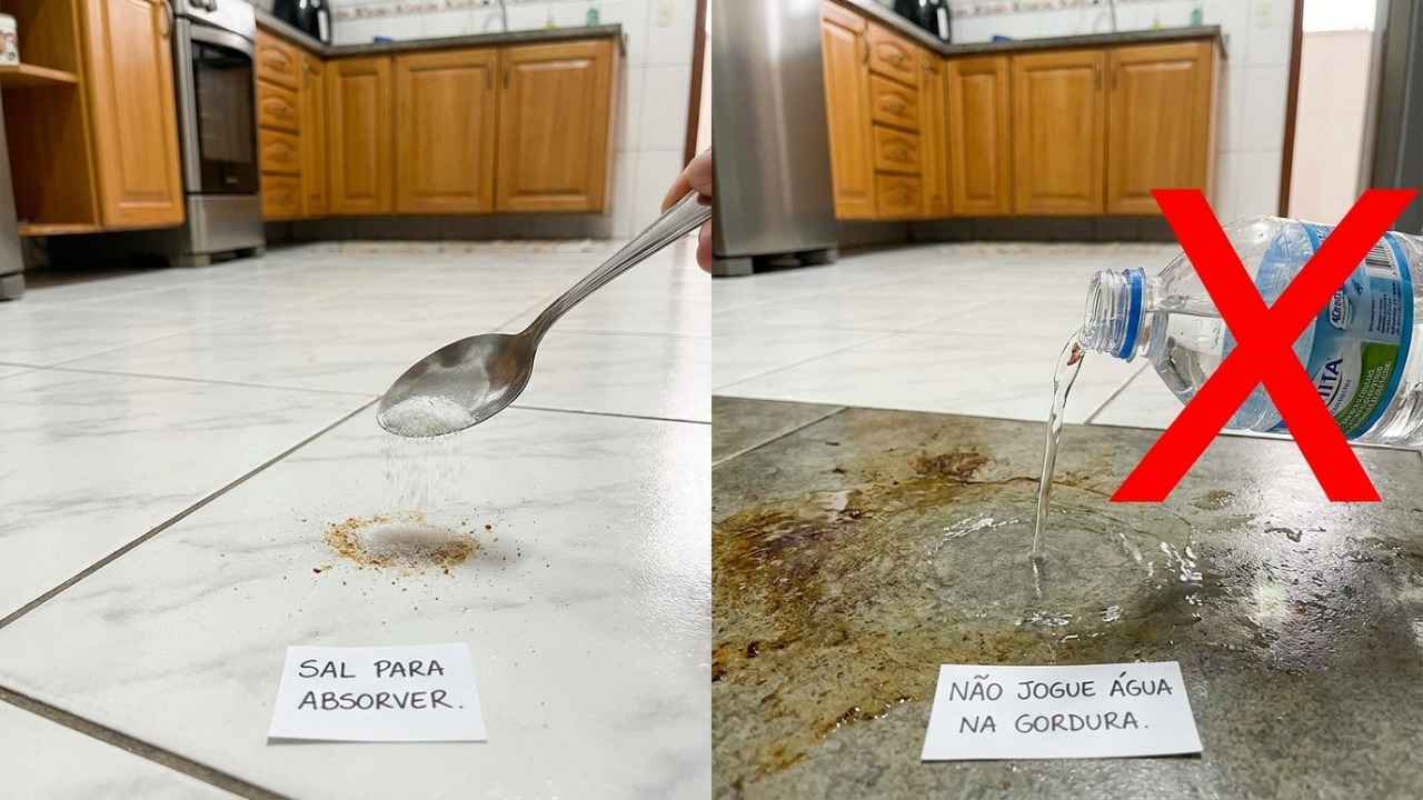 O sal de cozinha age absorvendo o óleo derramado no piso para evitar acidentes.