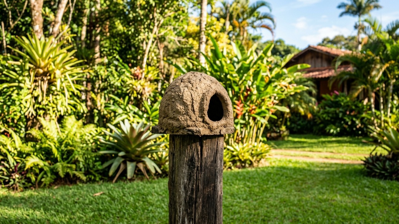 O joão-de-barro ajuda a controlar pragas de forma natural ao se alimentar de insetos no solo.