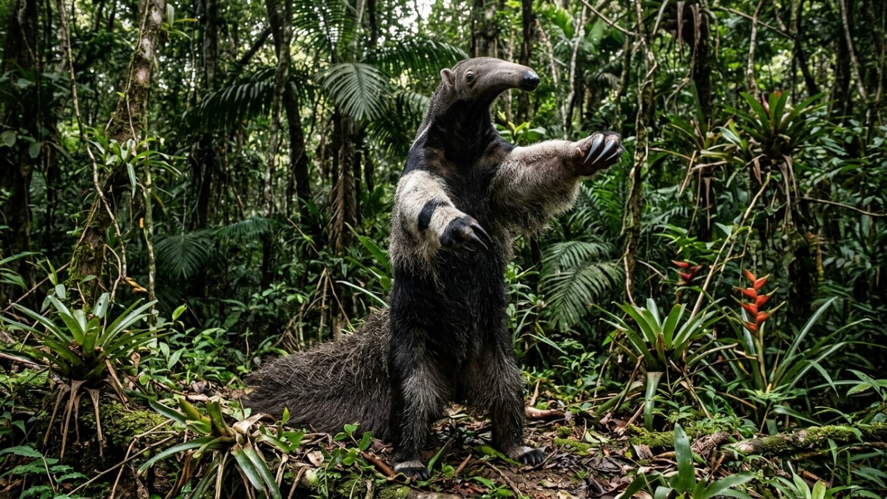 O tamanduá-bandeira utiliza sua postura erguida e garras potentes para se defender de ataques de onças na floresta.