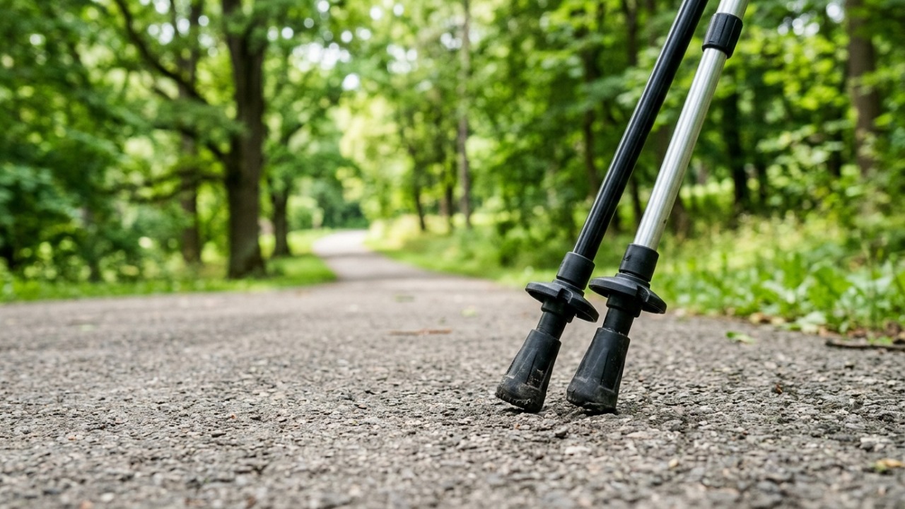A caminhada nórdica em terrenos planos garante condicionamento cardiovascular seguro e sem impacto para maiores de 55 anos.
