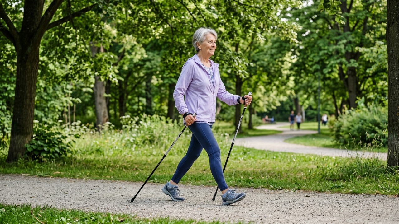 A caminhada nórdica em terrenos planos garante condicionamento cardiovascular seguro e sem impacto para maiores de 55 anos.