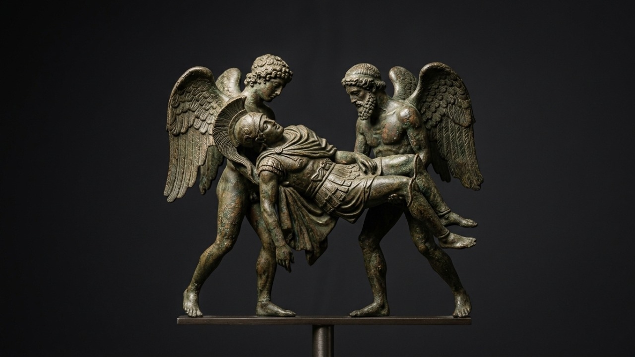 Obra em bronze mostra deuses carregando guerreiro morto em combate.