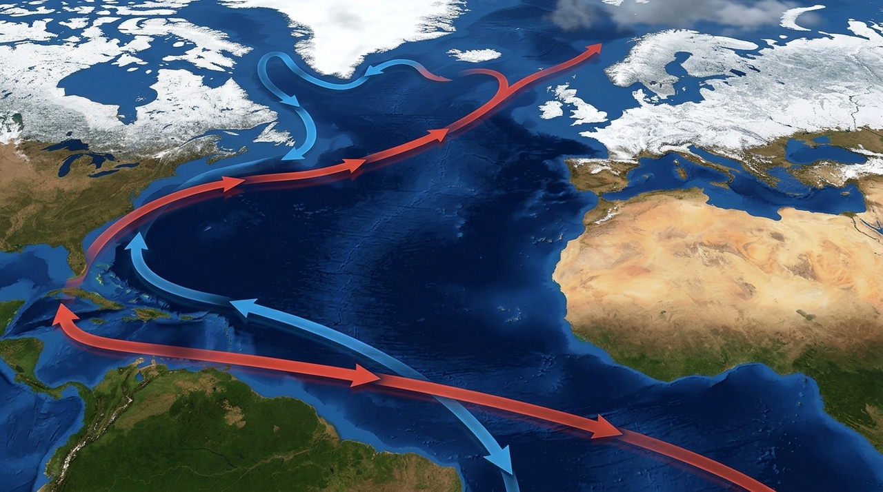A AMOC atua transportando água quente da região tropical para o Atlântico Norte de maneira ininterrupta.