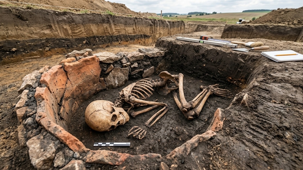 Escavações preventivas na Alemanha revelaram um sepultamento humano em um forno antigo.