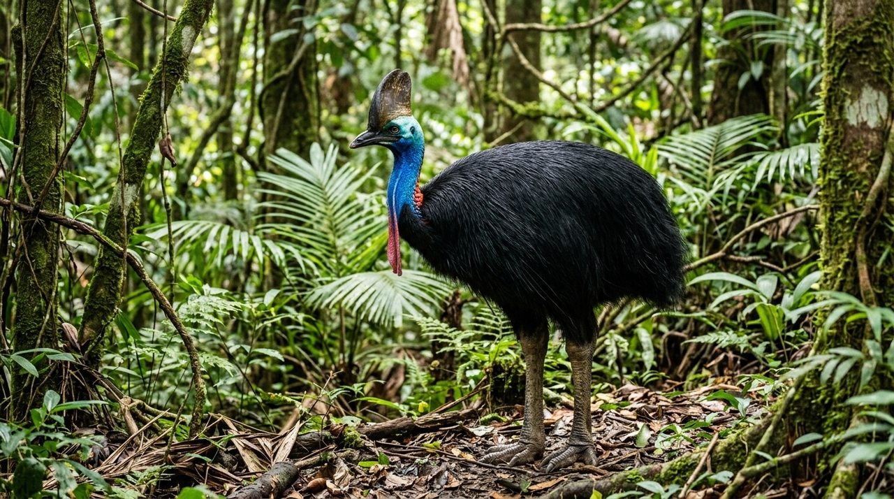 O cassuar é uma grande ave terrestre encontrada principalmente nas florestas tropicais da Nova Guiné, de ilhas próximas e do nordeste da Austrália