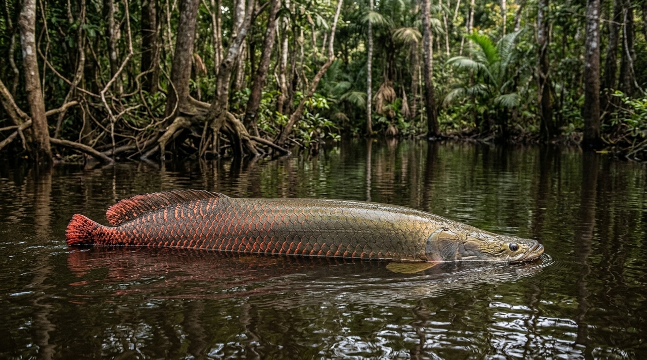 Conhecido como pirarucu (Arapaima gigas), esse gigante habita rios e lagos da Amazônia há milhões de anos.