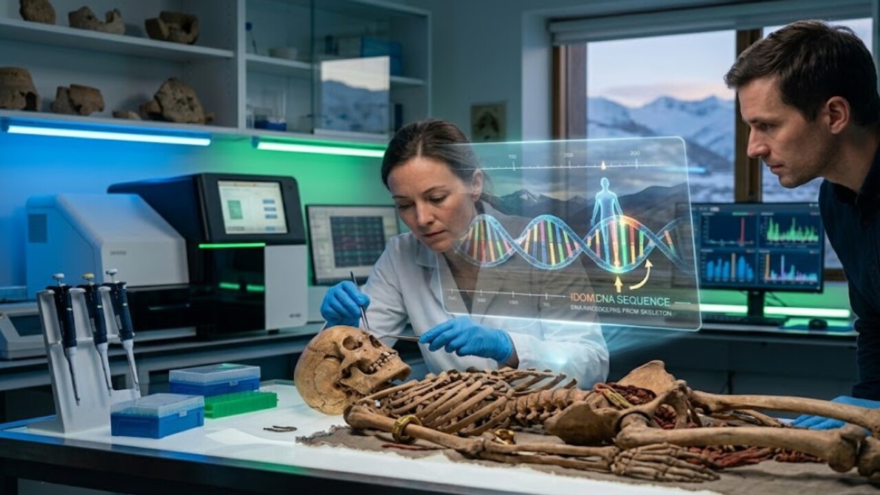 Cientistas analisando DNA encontrado em esqueleto